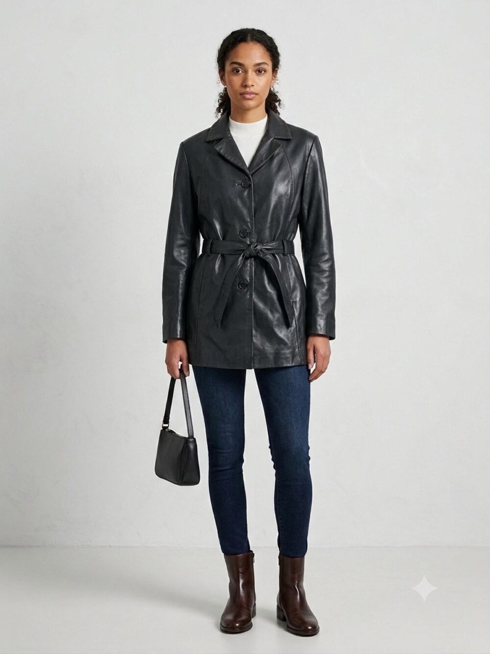Wilsons Leather Belted Jacket Blk Women's L Y2K Minimalist Chic Downtown Girl